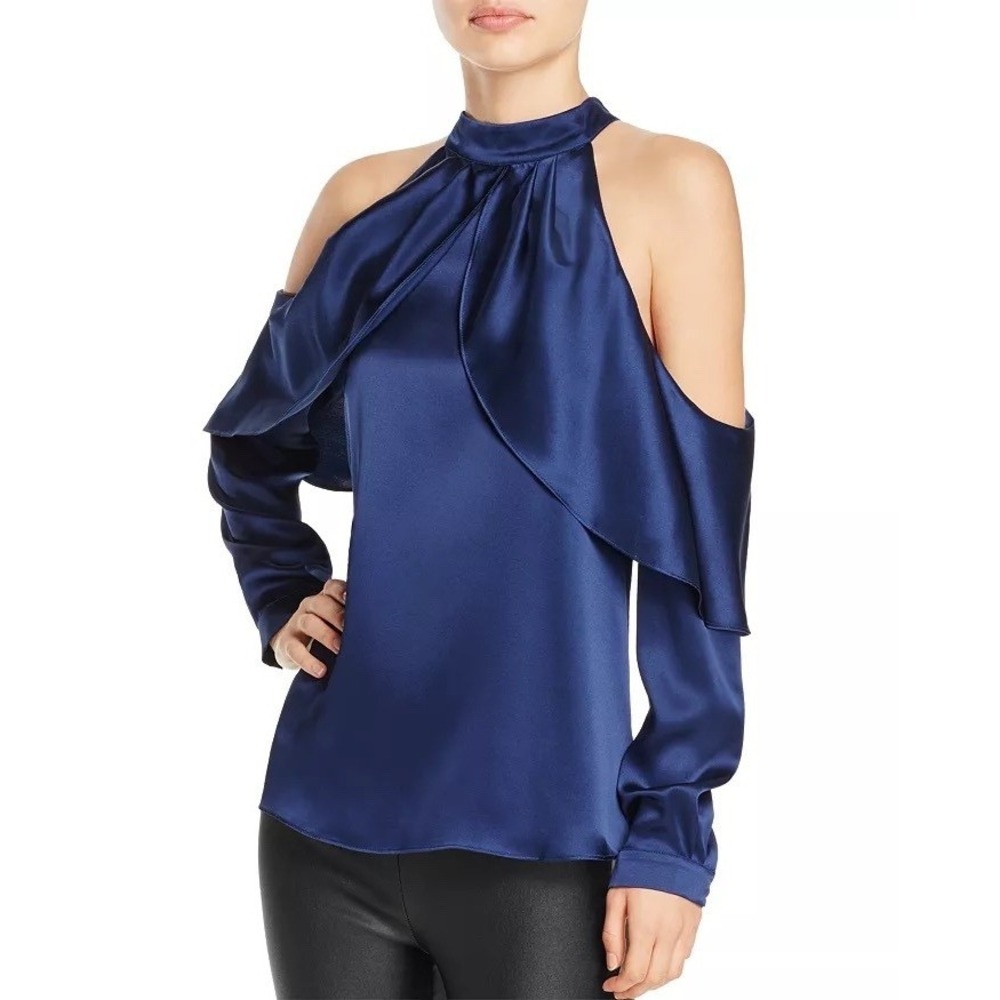 Parker Sonelle Silk Cold Shoulder Halter Blouse Navy Satin Draped Top XS